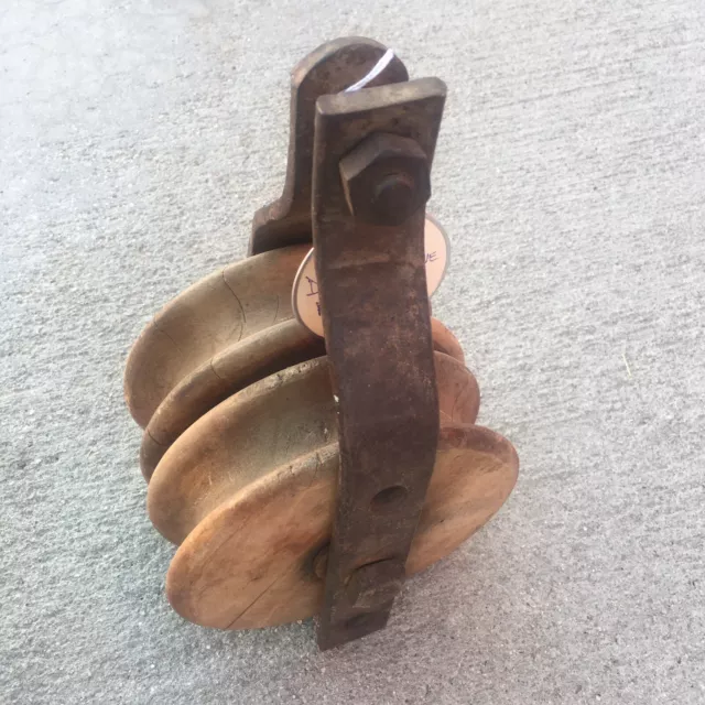 Heavy Vintage Double Wooden Sheave Pulley Industrial Farm Lifting Decor