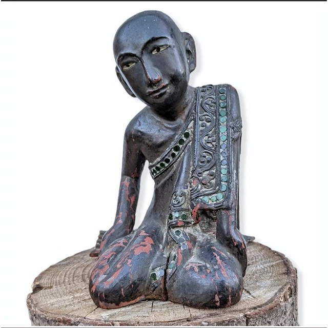 19th c. Antique Burmese carved wood & lacquer Buddhist Monk Sariputra