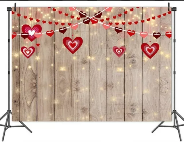 3x5ft Happy Valentines Mother's Day Photo Backdrop Red Love Heart Rustic Wood 2