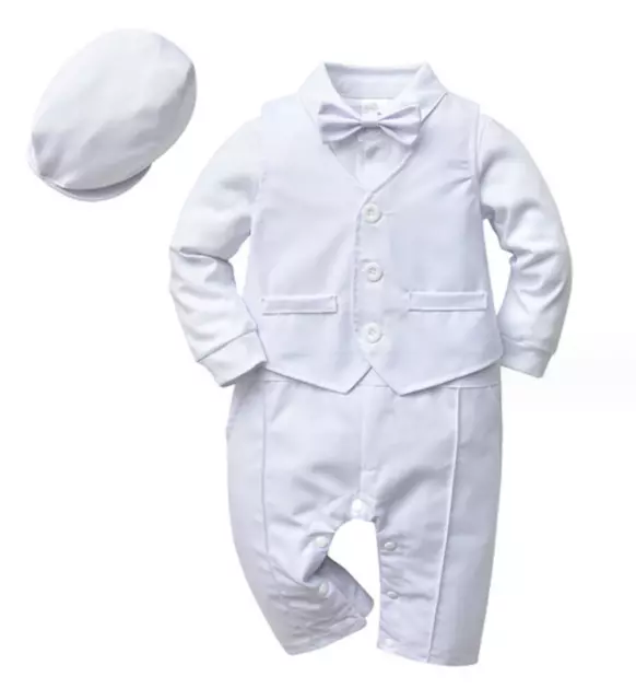 Baby Boys White christening shower Wedding Formal Party Hat Vest outfits suits