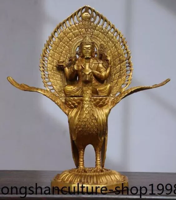 11'' bronze gilt Esoteric Buddhism Ride Peacock goddess Mahā-mayūrī-vidyā-rājñī