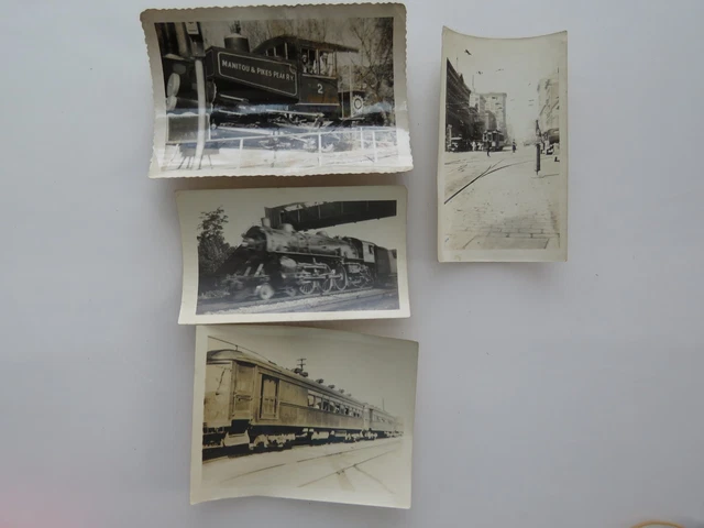 4 Antique Train Photographs  Lot Locomotive Pikes Peak Trolly Brooklyn  A1495