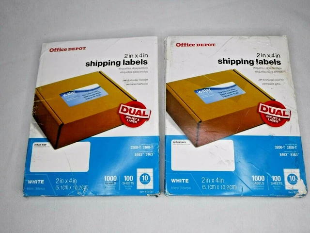 2 Boxes Office Depot Inkjet/Laser Shipping Labels 2" x 4" White 1000 each NEW