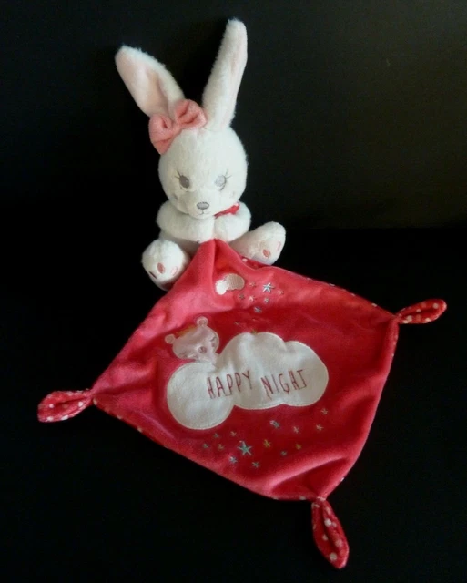 *. DOUDOU PELUCHE SIMBA LAPIN BLANC ROSE BLANC MOUCHOIR happy night - ETAT NEUF* 2