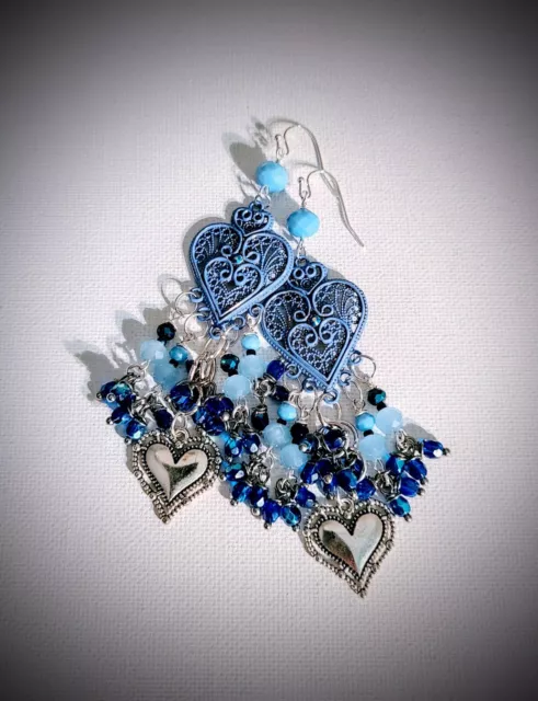 Art Nouveau Blue Filigree Heart and Glass Artisan Dangle Drop Earrings