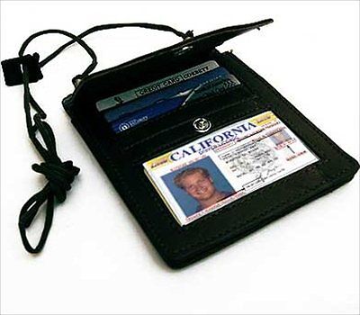 BLACK LEATHER PASSPORT ID BADGE GIKDER Wallet Organizer Card ID Strap New