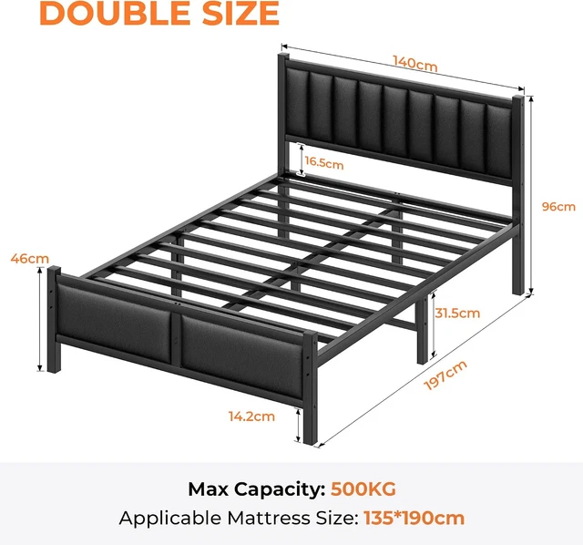 4FT6 DOUBLE BED Frame, Heavy Duty Metal Slats Support, No Box Spring ...