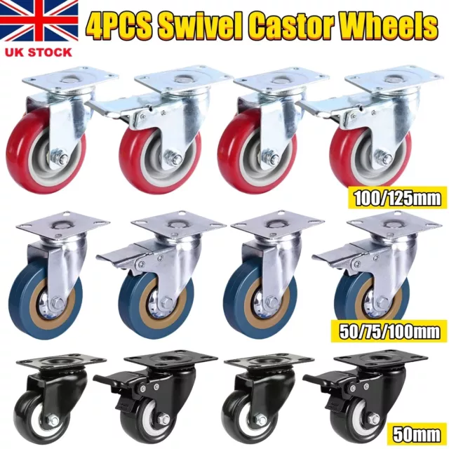 4 x Heavy Duty 75mm 100mm 125mm Rubber Swivel Castor Wheels Trolley Furniture UK