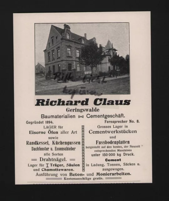 GERINGSWALDE, Werbung 1905, Richard Claus Baumaterialien Zement-Geschäft