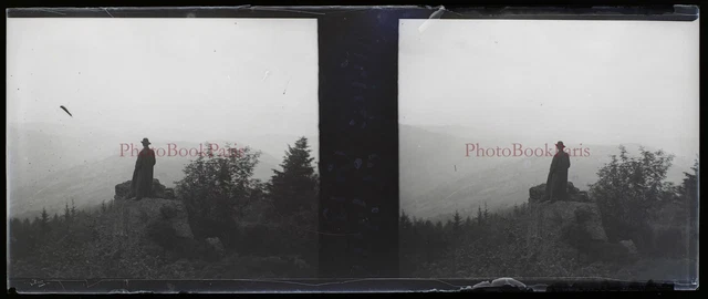 L’ombre d’un homme Montagne c1912 Photo NEGATIVE Plaque de verre Stereo Vintage