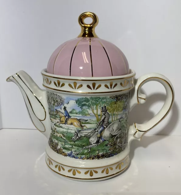 Vtg Sadler Teapot Pink Top Sporting Scenes of the 18Th Century Hunting #2005894
