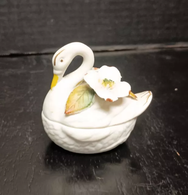 Vintage Porcelain Bisque Swan Trinket Box Lefton Japan