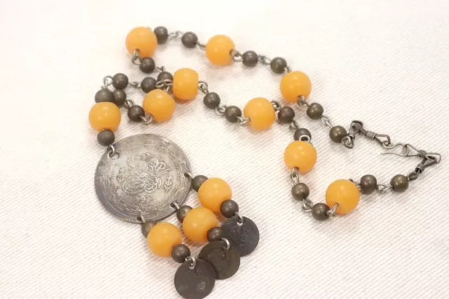 Vintage Ottoman Empire Turkish Coin And Amber Necklace