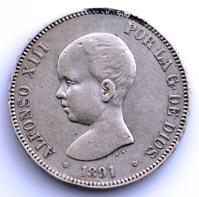 Spain-Alfonso XIII. 5 Pesetas. 1891*18-91 Madrid. MBC+/VF+ Silver 25 g.