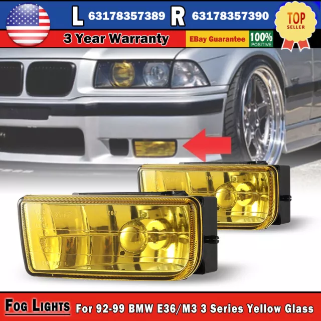 Fog Lights For 92-99 BMW E36/M3 3 Series Yellow Glass Lens H1 55W Pair Replace#