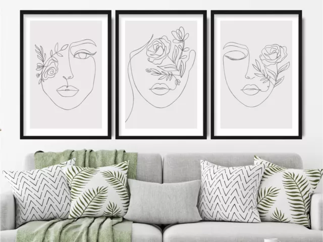 Set of 3 Prints-Silver Effect- Line Art Rose Female Faces Grey Pictures Wall Art