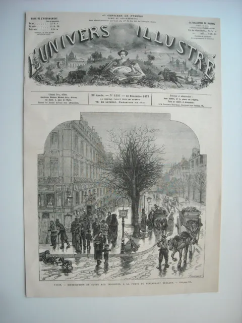 Gravure 1877. Paris. Distribution De Soupe Aux Indigents, Restaurant Brebant....