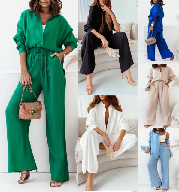 Womens Wide Leg Tops + Pants Suits OL Loose Plus Size Button Shirts Trousers Set