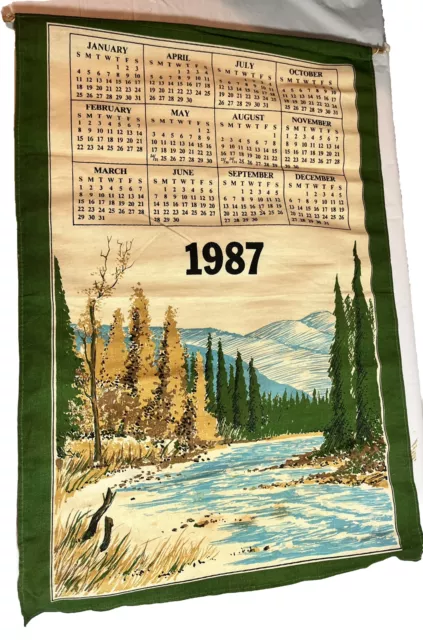 Vintage 1987 Linen Cloth Calendar Green with Nature Picture Of River 24 X 16 In.