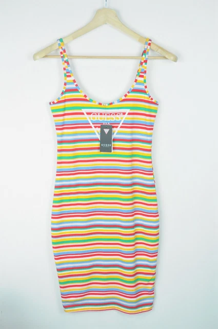 Guess Abito Donna Piccolo Aderente Tricot senza Maniche a Righe Stampa Logo