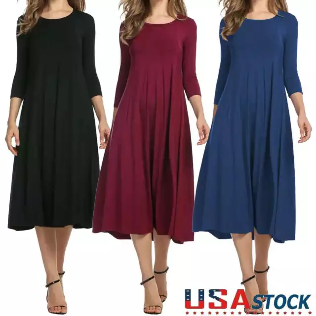 Womens Ladies Plain Jersey Swing Dress Casual Long Sleeve Midi Dresses Skater