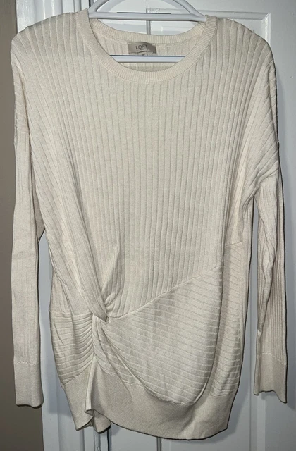 LOFT heathered beige rib knit twist front sweater Size Large cotton blend