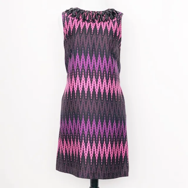 Milly Pink Purple Black Retro Print Shift Baubble Beaded Fringe Neckline Dress 4