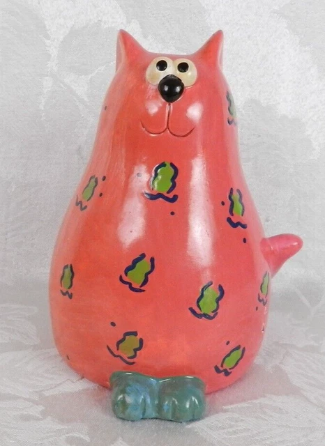 Vintage Ceramic Fat Cat Piggy Bank Pink 6" H