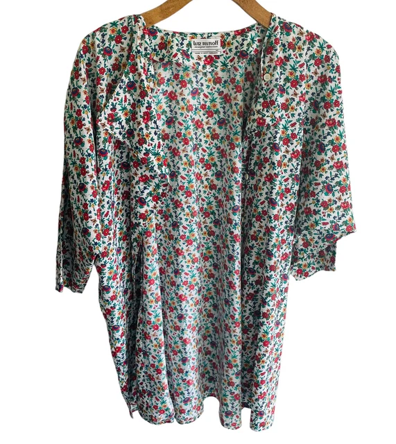 Camicia vintage Lutz Teutloff taglia 14 bianco floreale raso bottone manica 1/2