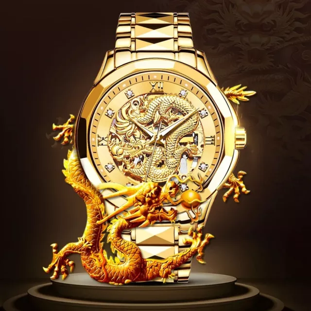 JSDUN Gold Dragon Automatic Mechanical Watch Men's Tungsten steel 18K Gold Strap