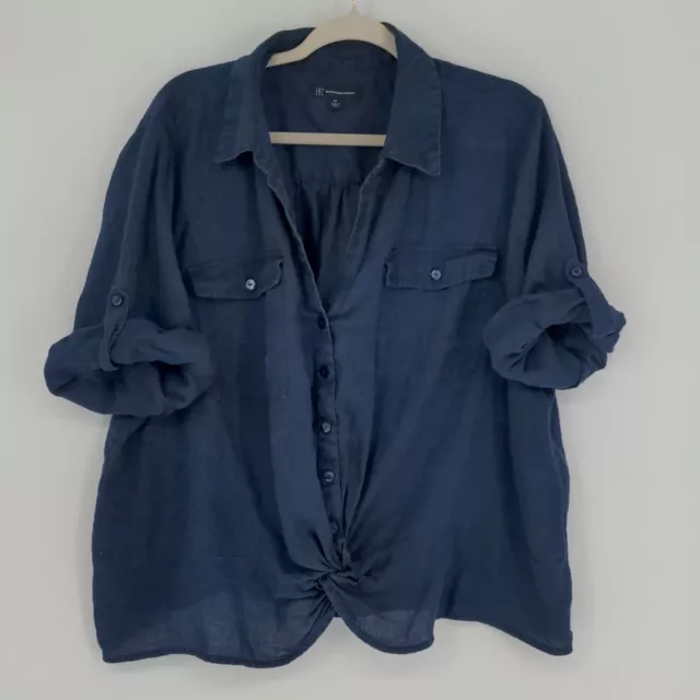 INC International Concepts Women's Linen Shirt Size 3X Blue Tie Front Roll Tab