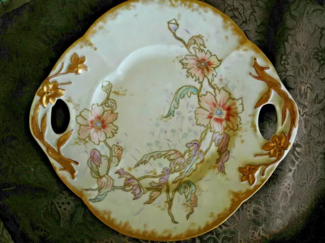 Large Antique FLORAL PLATE Art Deco Nouveau Victorian gold trimmed