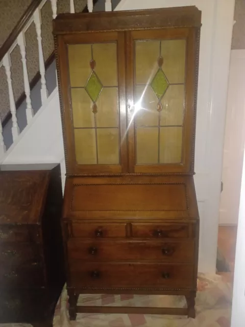 1930s Solid Oak  Fall Front  Leaded Glass Bureau Bookcase. Fitted Compartment