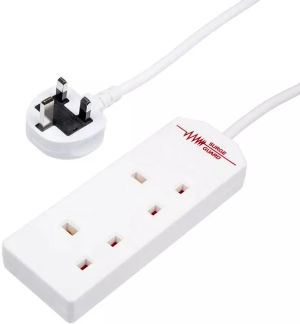 2 Way Gang Power Mains Extension Lead 3M Metre Cable 13A Surge Protected White