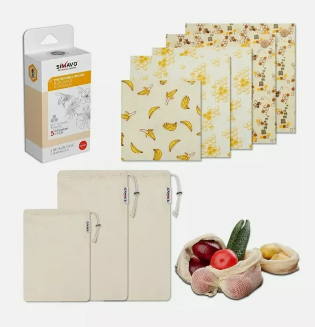 SIMAVO Reusable Beeswax Wrap Food Storage 5 Pack + Large Reusable Produce Bag