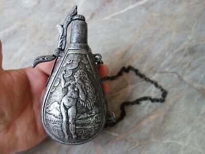 Vtg Old Rare German Pewter Zinc Gun Powder Flask Bottle Flask Ornate Nude Lady