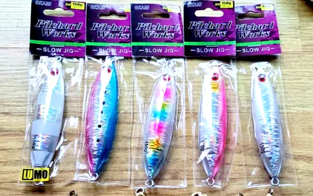 5x Sea Fishing Holographic Luminous Slow Pitch Jigging Lures 150G UK