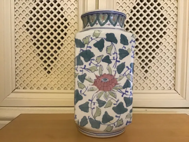 Orientalische chinesische Keramikvase 25 cm blau & rosa handbemalt Blumenmuster