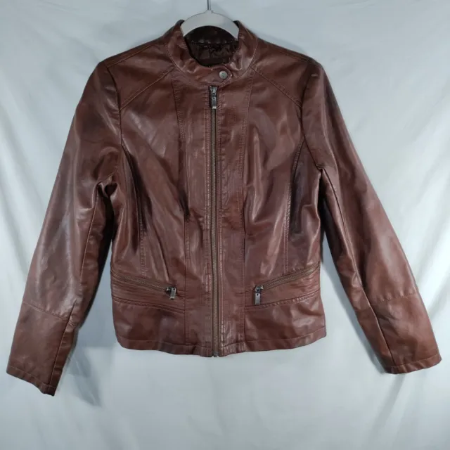 Bernardo Faux Leather Jacket Womens M Brown Zip Front Mock Neck Zipper Pockets