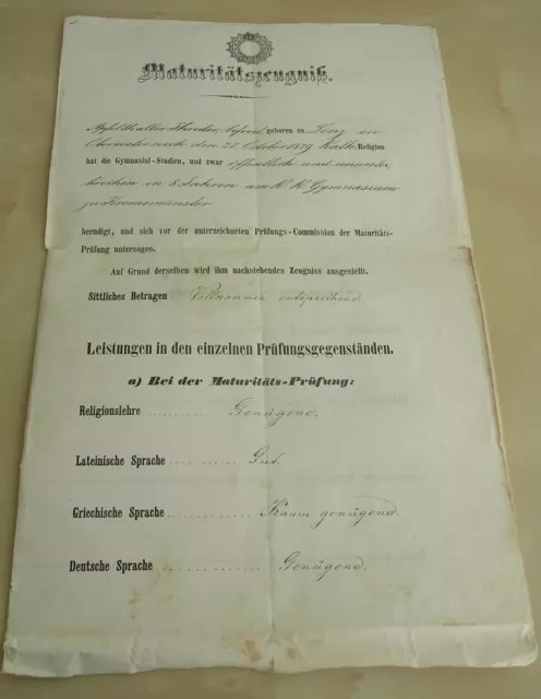 Abitur-Zeugnis Gymnasium KREMSMÜNSTER 1852, Signaturen, u.a. Ludwig von KÖCHEL! 2
