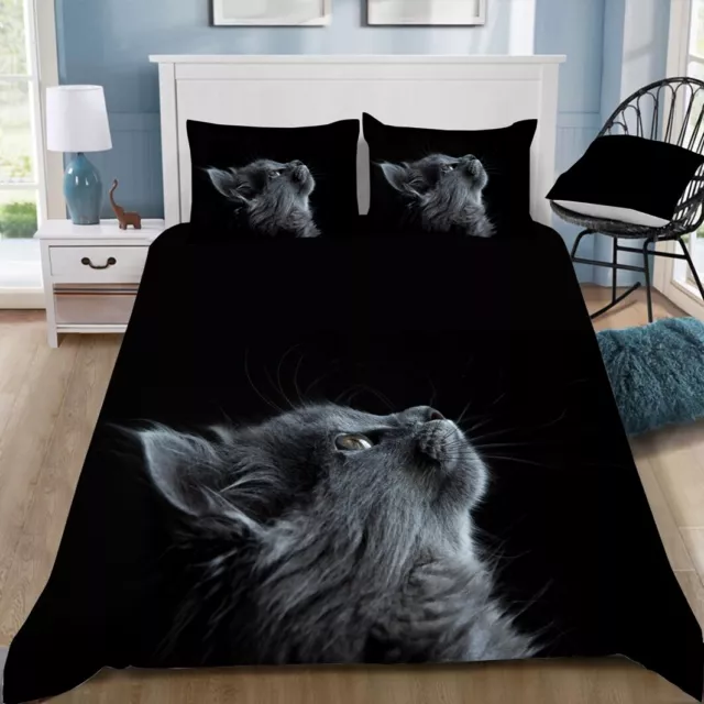 Grey Cat Quilt/Duvet/Doona Cover Set Single Double Queen King Size