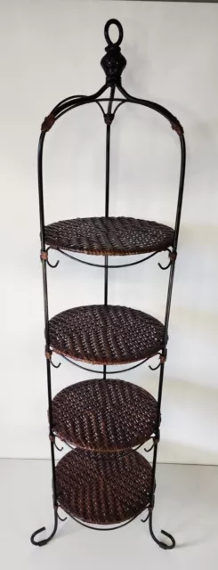 Vintage 4-Tier Wicker Rattan & Wrought Iron 45" Plant Stand