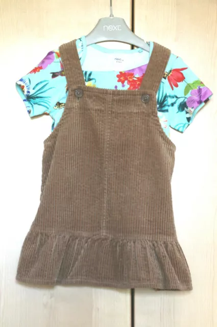 NEXT Baby Girls Camel Cord Pinafore Dress & Aqua Floral Top Age 9-12 Mnths BNWT