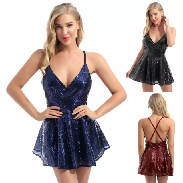 Womens Deep V Sequin Sleeveless Skater Mini Dress Evening Party Cocktail Dresses