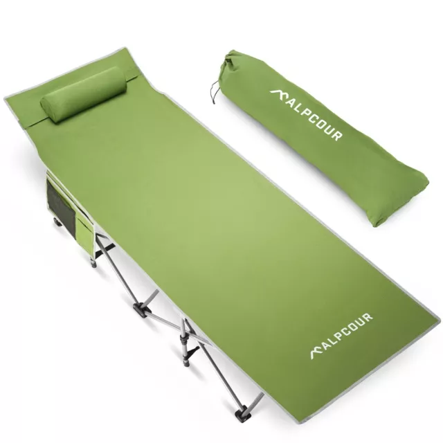 Alpcour Folding Camping Cot - Compact Single Person Bed w/ Pillow & Side Pocket