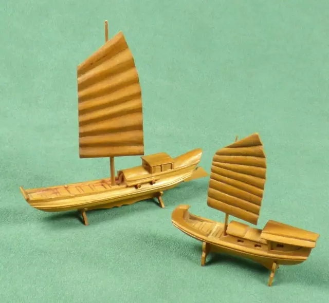 Vintage CHINESE Hand Carved Wood MODEL BOATS x2 - SAMPAN & JUNK (Bamboo/ Teak?)