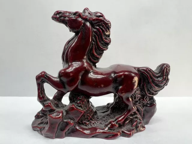 VTG Chinese Cinnabar War Horse Figurine Statue Miniature Red Resin Animal Carved
