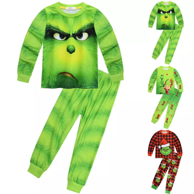Child Christmas Grinch's Print PJs Pajamas Top Pants Set Sleepwear Nightwear Hot