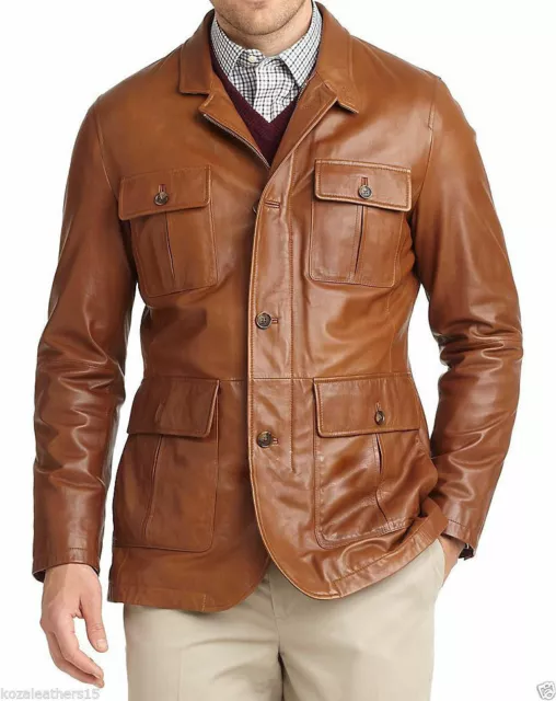 Hombre Cuero Auténtico Blazer Genuino Cordero Tres Botón Premium Marrón Chaqueta