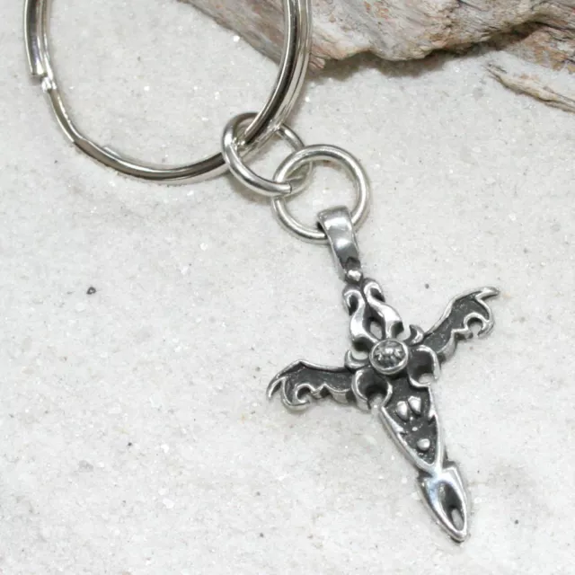 GOTHIC CROSS BIKER WICCA Pewter KEYCHAIN Key Chain Ring